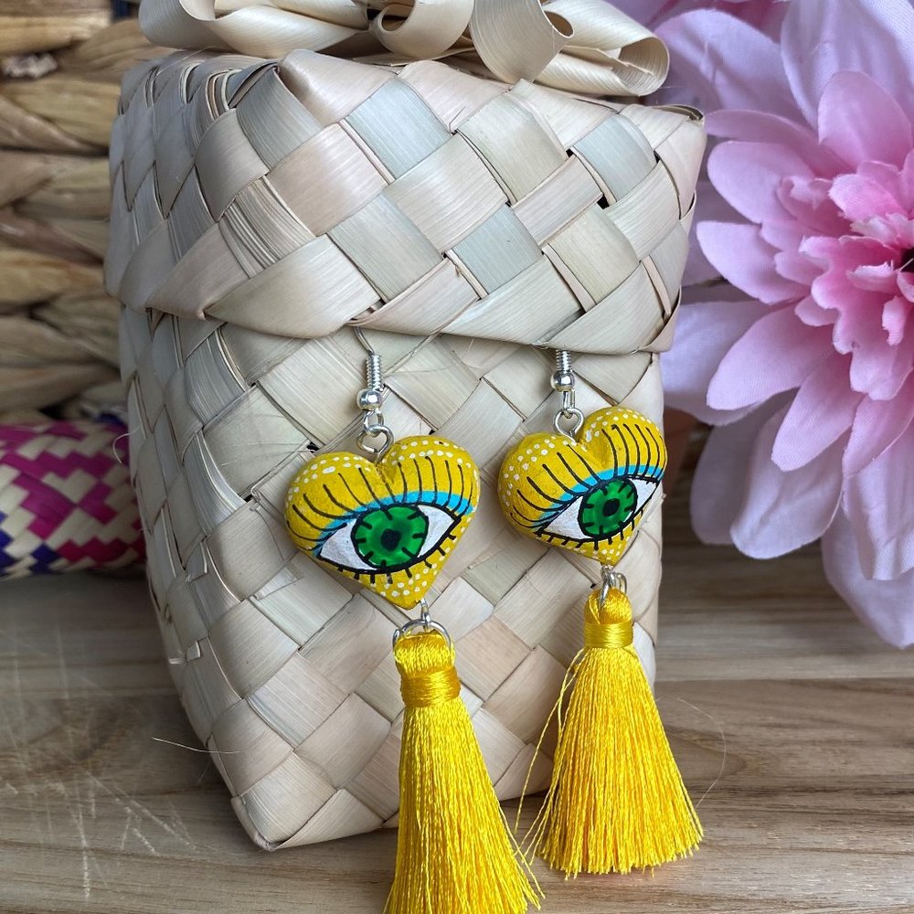 Hand-Made/ Authentic Mexican/ Heart-Shaped Alebrije Earrings (Yellow)